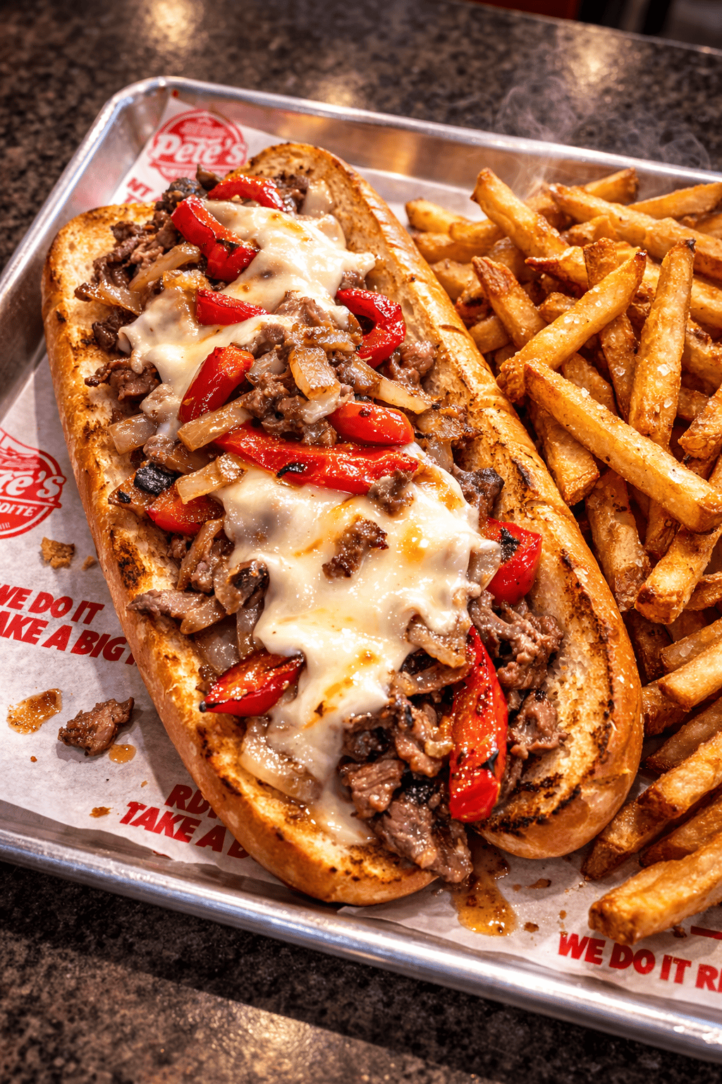 Delicious cheeseburger with seasoned beef, red peppers, and melted cheese. Served with crispy fries.