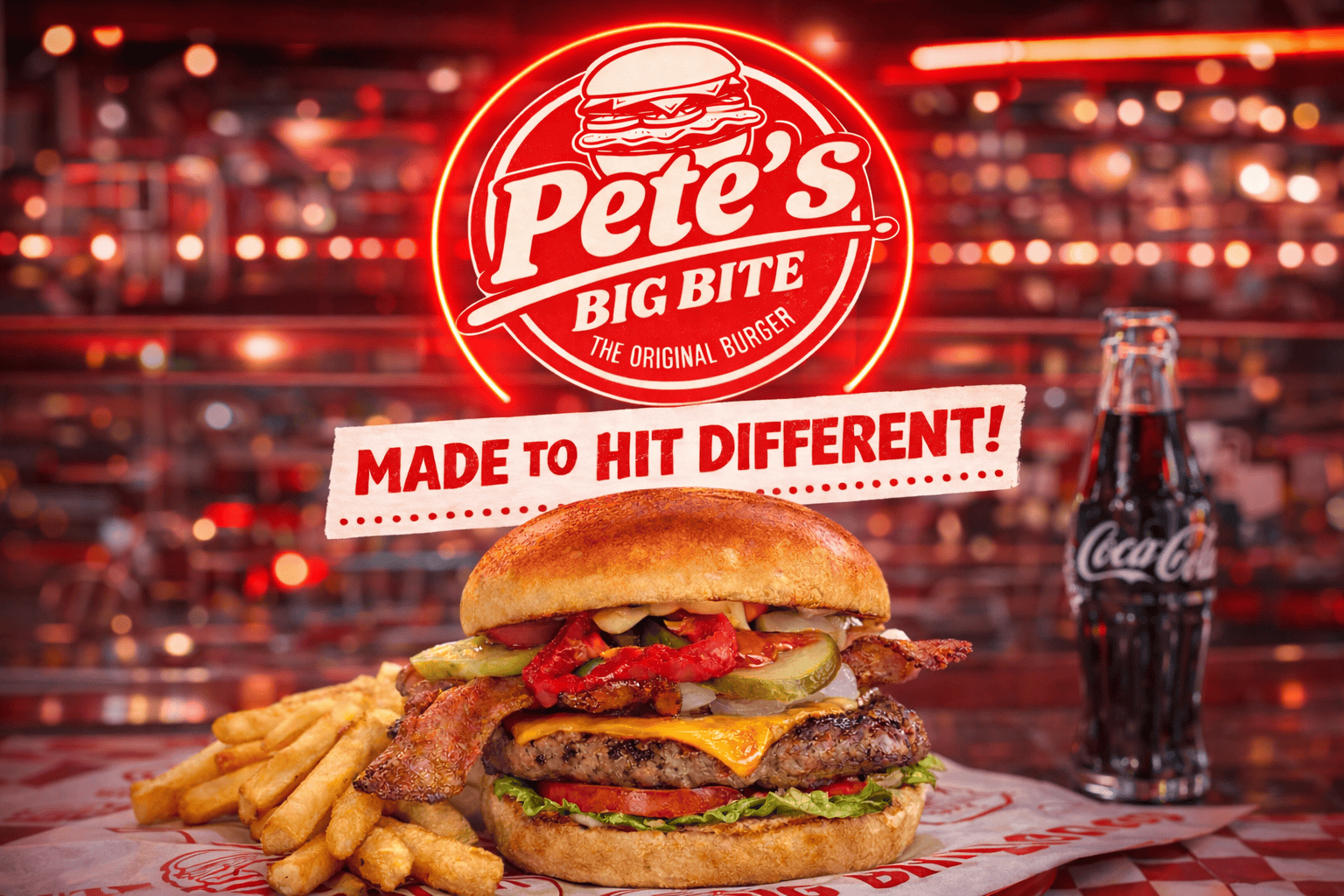 Delicious burger with crispy fries and a Coca-Cola at Pete's Big Bite restaurant.