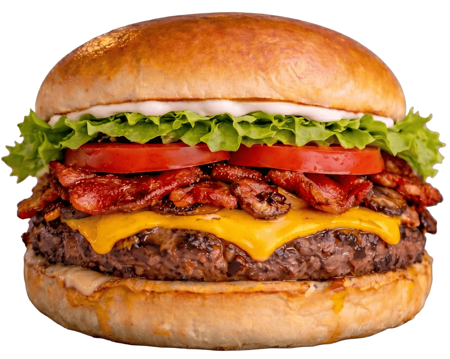 Juicy cheeseburger with bacon, lettuce, tomato, and mayonnaise on a toasted bun.